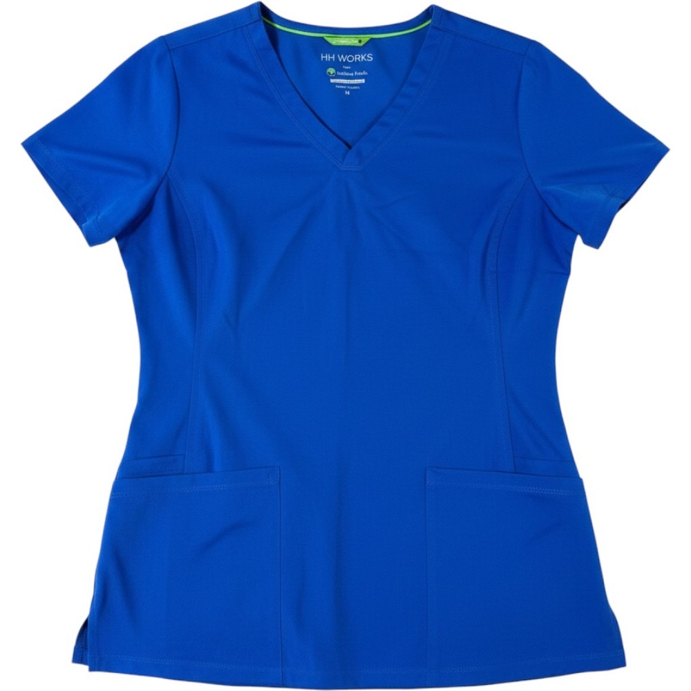 HH Works Scrub Top Size M Blue V-Neck Polyester Spandex Healing Hands RN 96502